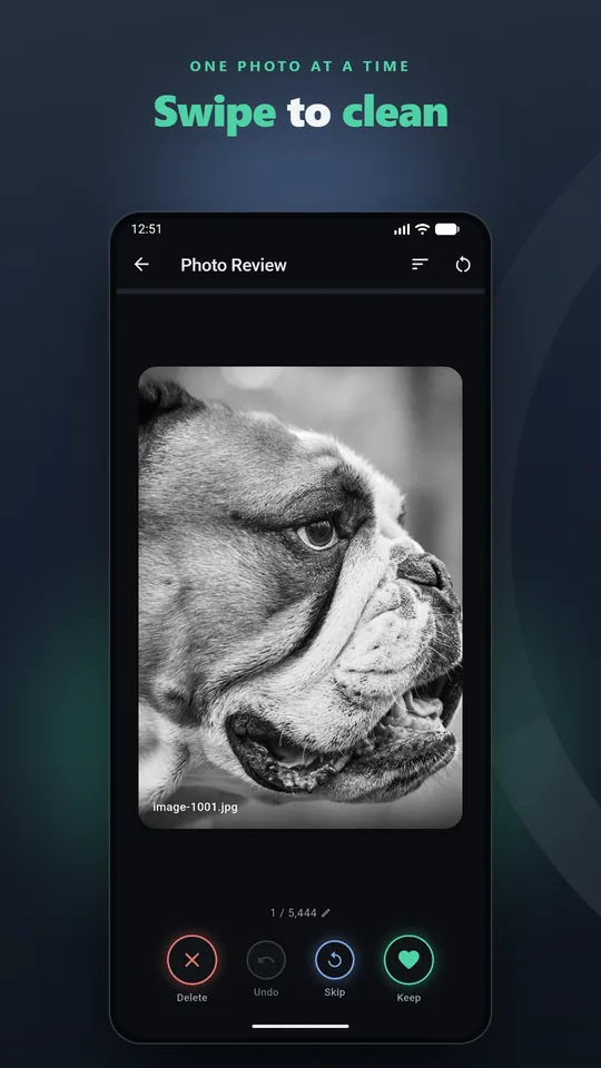 One photo at a time: swipe to clean. A photo card with Delete, Undo, Skip and Keep.