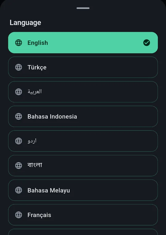 The language picker: English selected, then Türkçe, العربية, Bahasa Indonesia and more